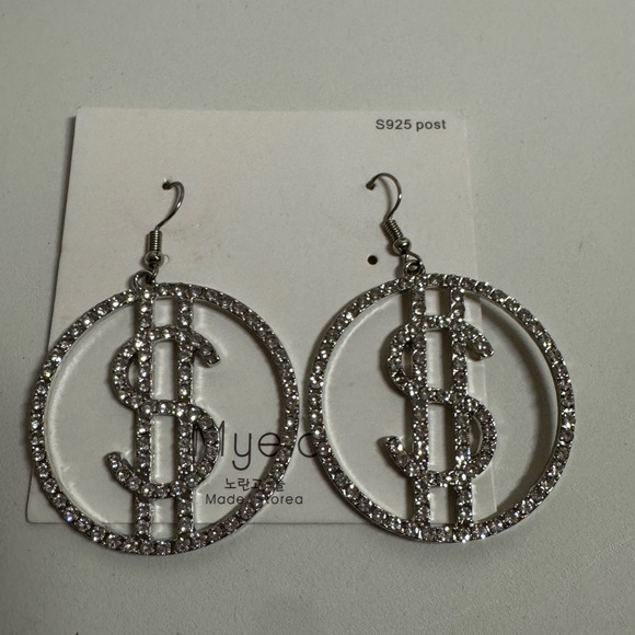 Silver Rhinestone Dollar Sign Drop Earrings - Picture 1 of 2